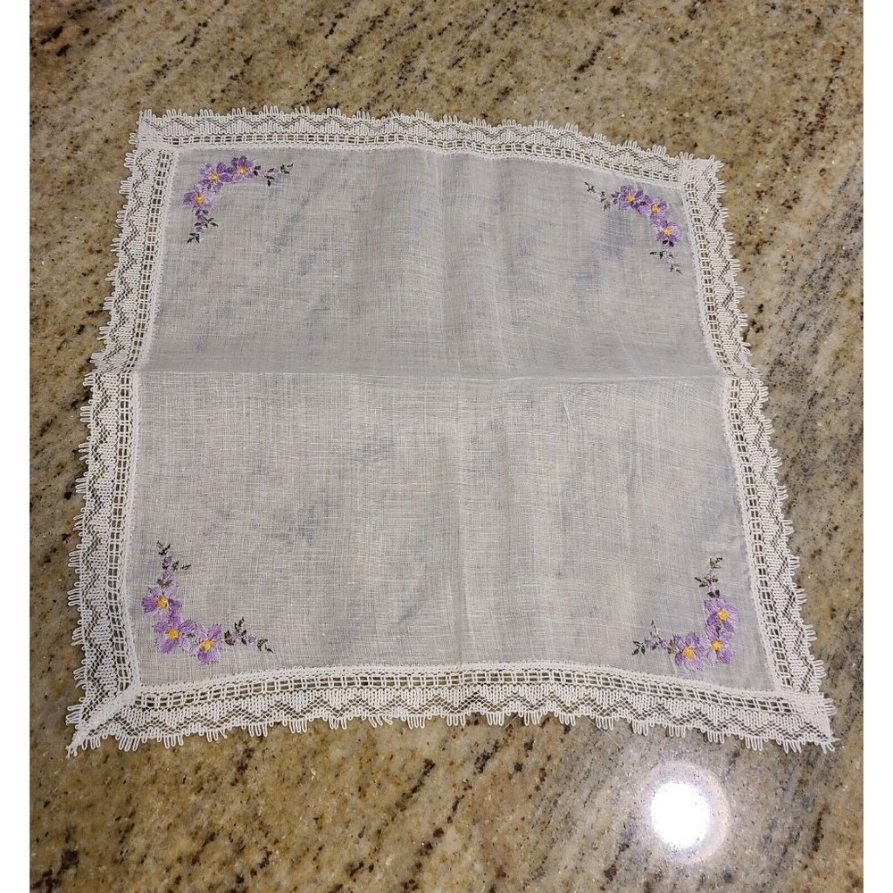 Vintage Dainty 10" Handkerchief Embroidered Purple Flowers Lace Edge
